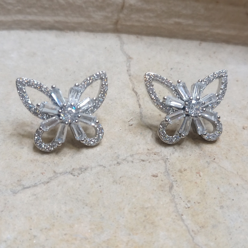 Butterfly Stud Earrings Silver Diamond CZ Stainless steel